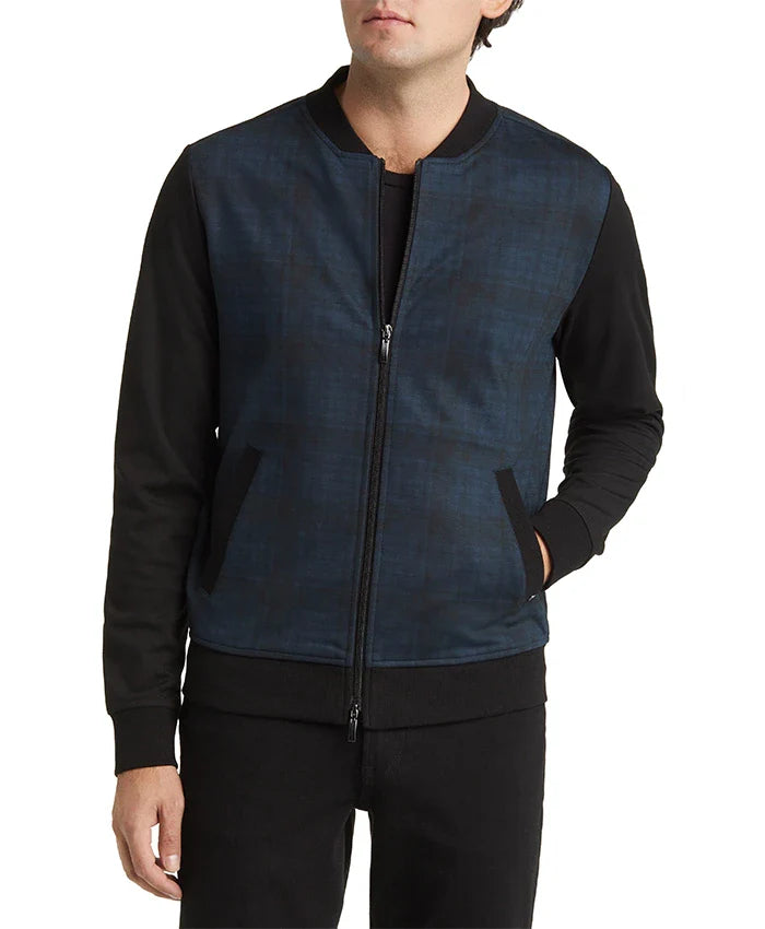 Men’s Blue Colorblock Plaid Bomber Jacket
