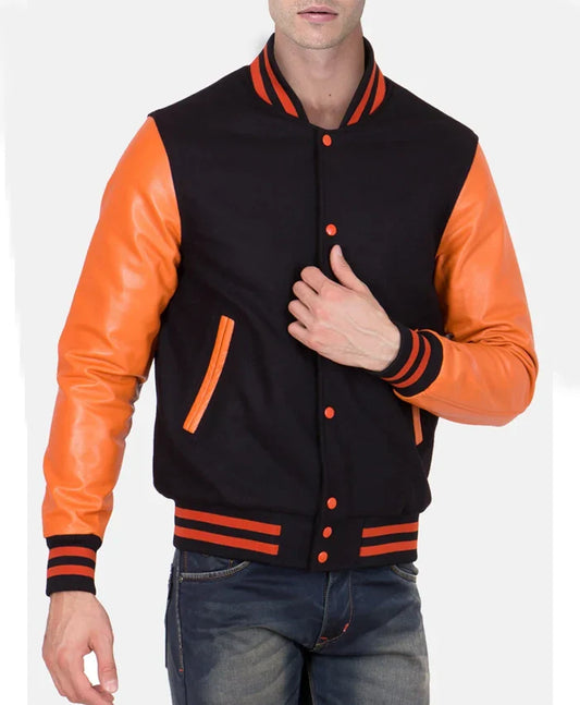 Men’s Causal Orange And Black Letterman Jacket