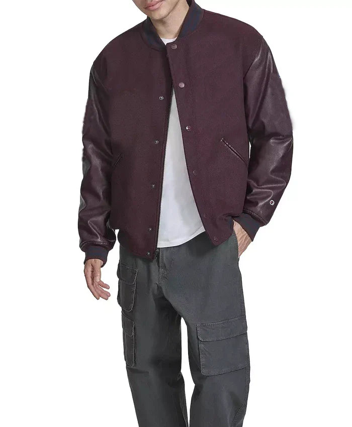 Men’s Burgundy Lettermen Bomber Jacket