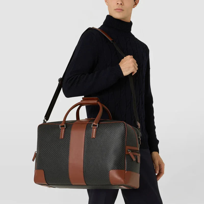Men’s Real Leather Bown Strap Black Duffle Bag