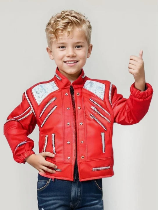 Kids Michael Jackson Beat It Red Leather Jacket | MJ-Inspired Cosplay Costume