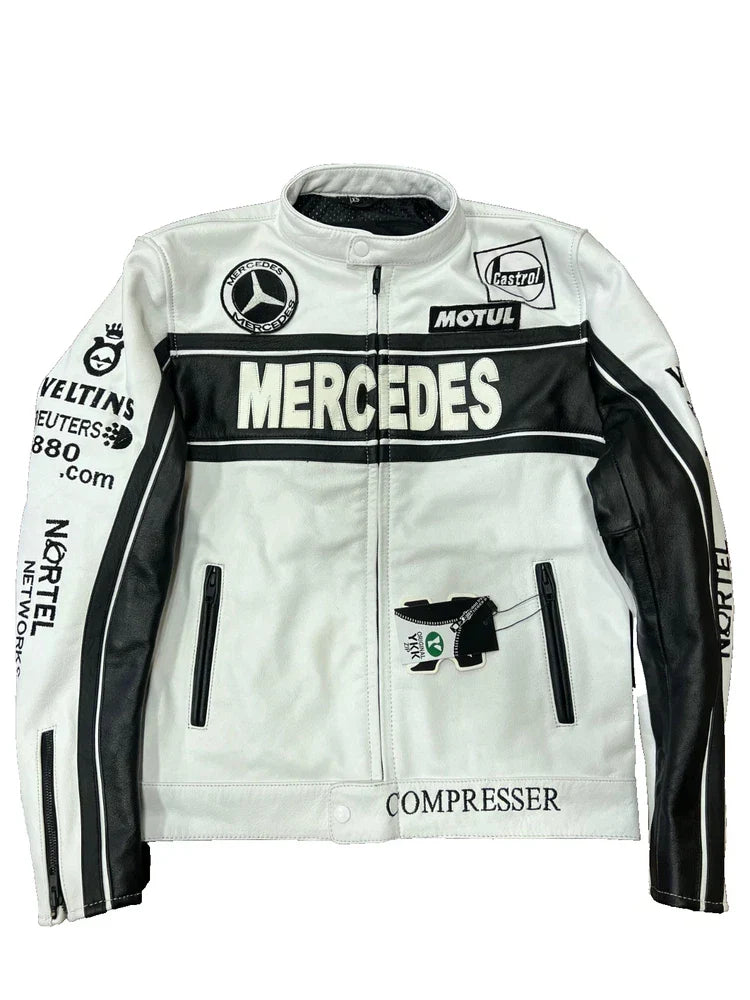 Motorcycle jacket with Mercedes-Benz logo on a black background