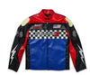 Motorcycle jacket with racing-themed design on a white background