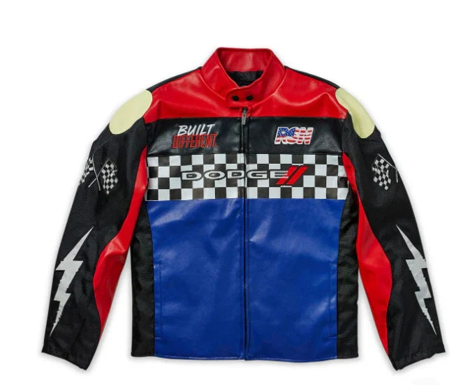 Motorcycle jacket with racing-themed design on a white background