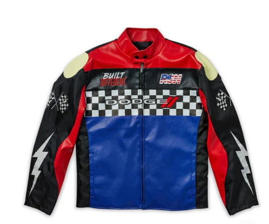 Motorcycle jacket with racing-themed design on a white background