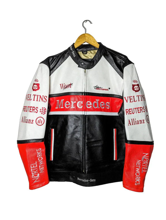 Motorcycle racing jacket with visible branding on a hanger