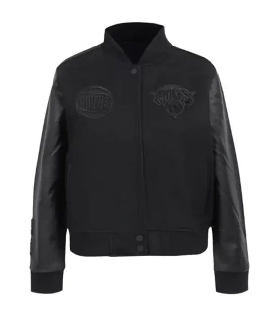 NY Knicks Triple Black Varsity Wool Leather Jacket