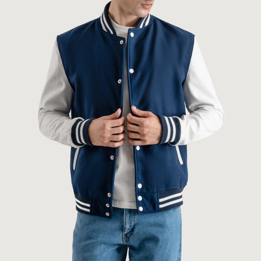 Navy Blue and White Varsity Letterman Jacket - Recreated Inspired Edition