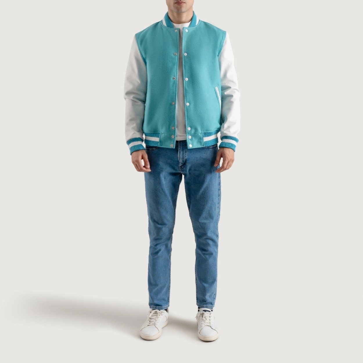 Teal Aqua and White Varsity Letterman Jacket - Recreated Inspired Edition