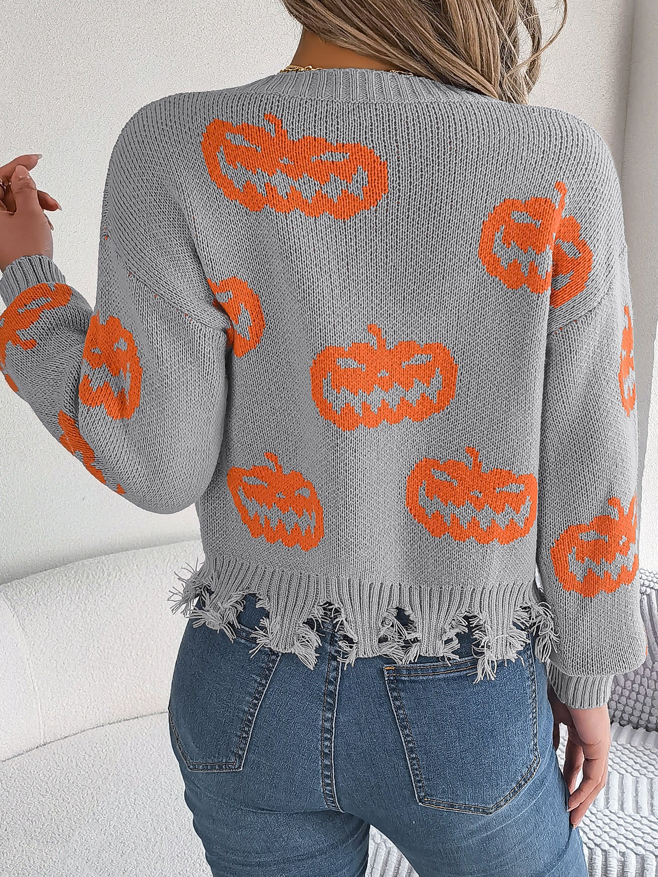 Real Shot of Autumn and Winter European and American Halloween Contrasting Pumpkin Cut Long-Sleeved Pullover Sweater Amazon Cross-Border Women's Clothing