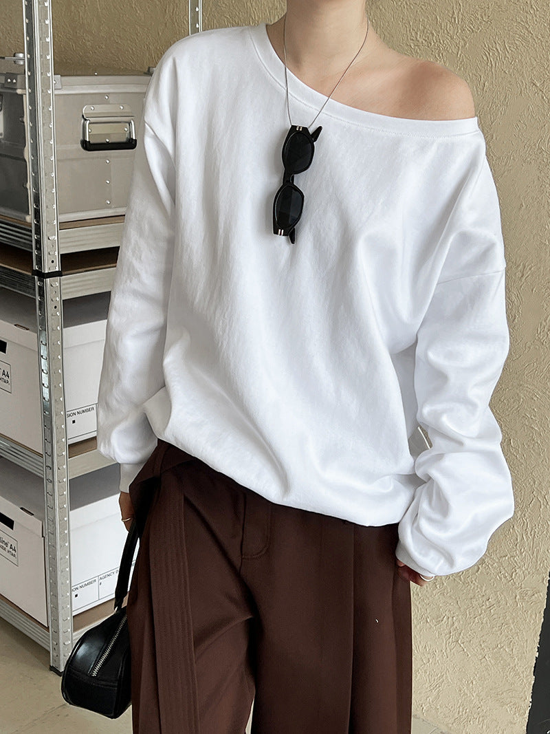 Luxi Relaxed Shoulder Sweatshirt Women's 2025 Autumn New Loose Lazy Style One-Neck Off-Shoulder Top 2809