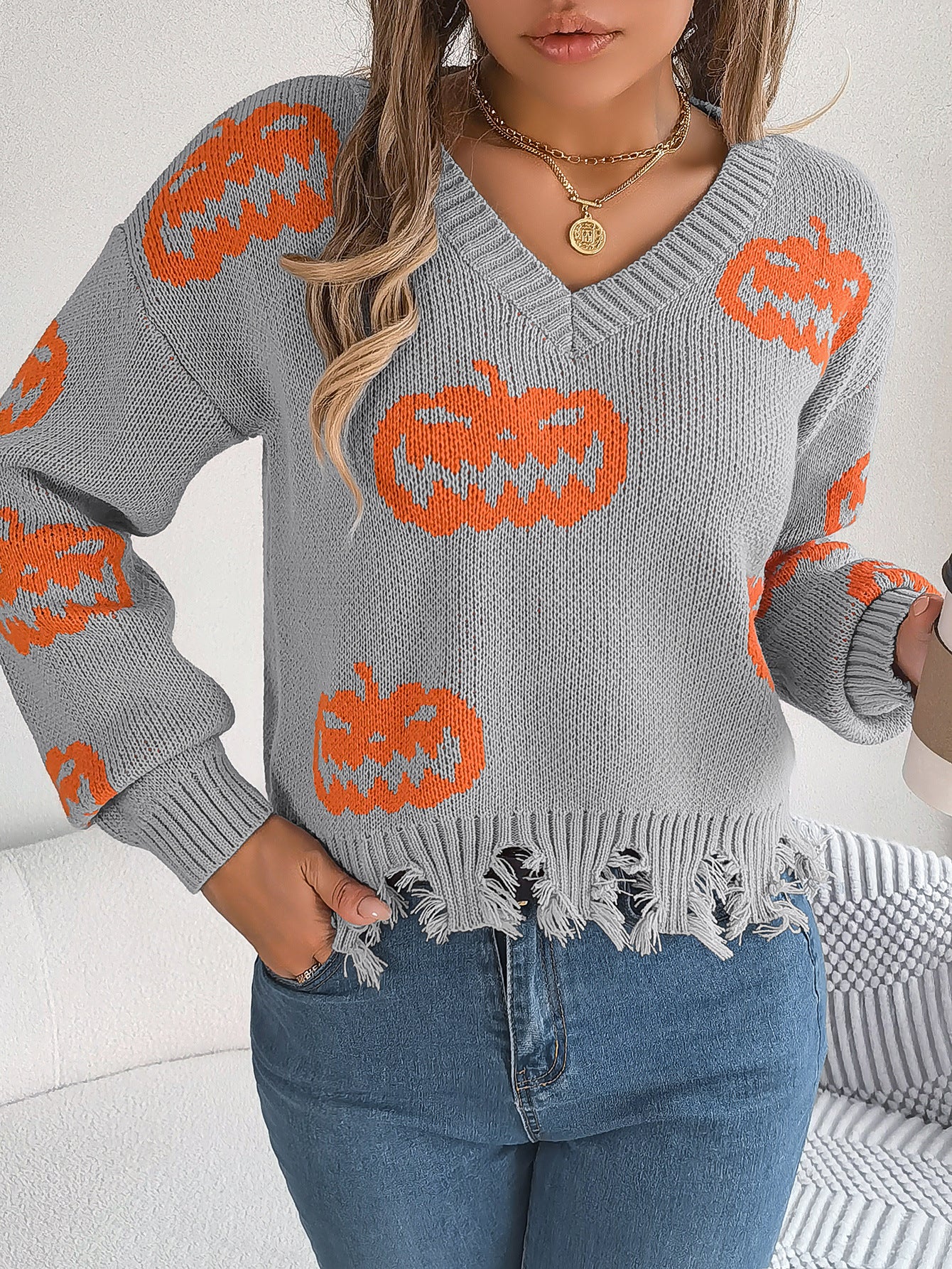Real Shot of Autumn and Winter European and American Halloween Contrasting Pumpkin Cut Long-Sleeved Pullover Sweater Amazon Cross-Border Women's Clothing