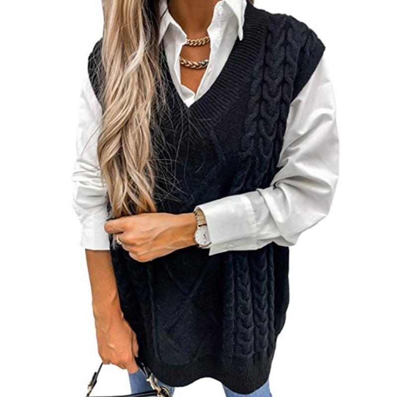 Foreign Trade Cross-border Europe and America Amazon Source Manufacturers Sweater Vest Women's Vest Clip V-neck Sleeveless Twist Sweater