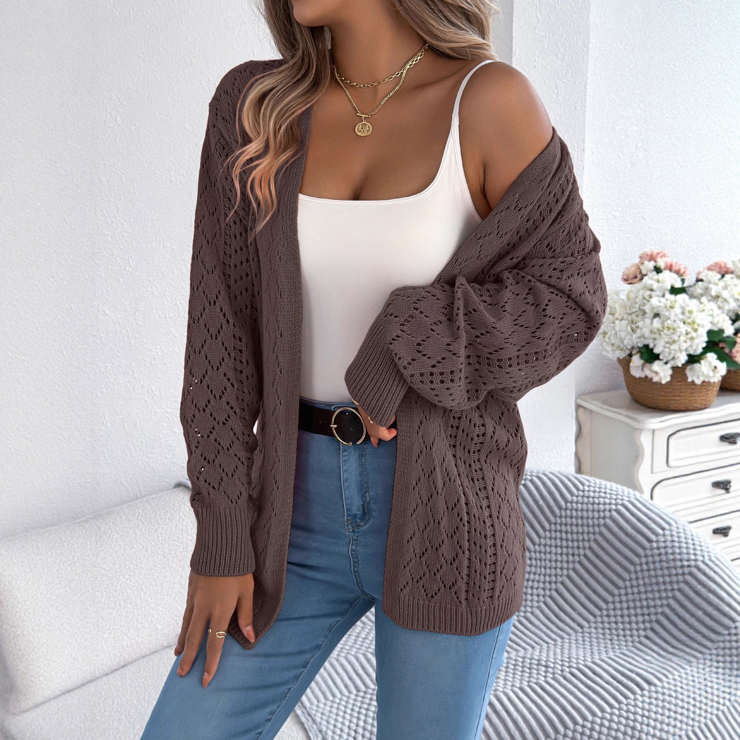 Real Shot of European and American Autumn and Winter Hollow-Out Lantern Long-Sleeve Cardigan Sweater Mid-Length Coat Amazon Cross-Border Women's Clothing