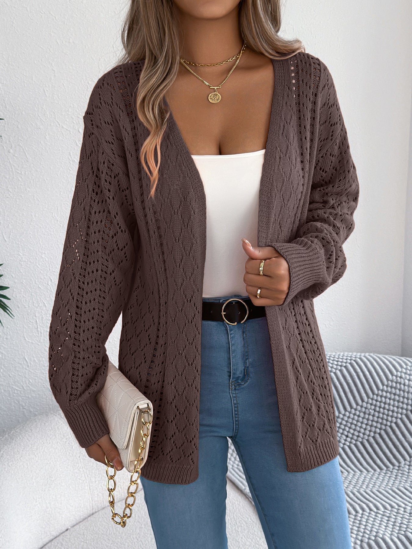 Real Shot of European and American Autumn and Winter Hollow-Out Lantern Long-Sleeve Cardigan Sweater Mid-Length Coat Amazon Cross-Border Women's Clothing