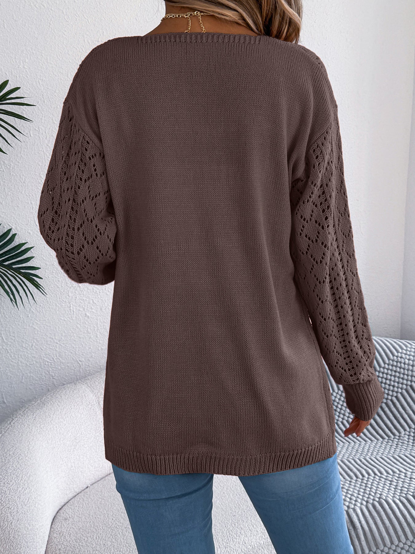 Real Shot of European and American Autumn and Winter Hollow-Out Lantern Long-Sleeve Cardigan Sweater Mid-Length Coat Amazon Cross-Border Women's Clothing