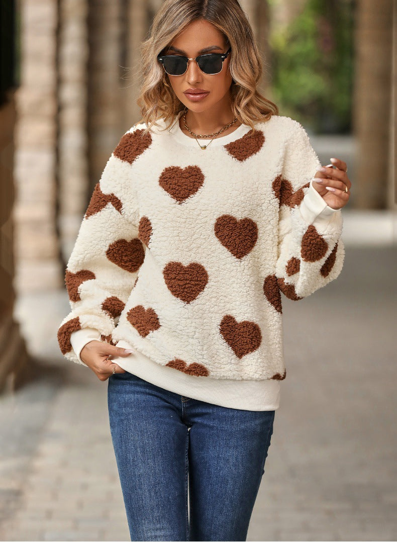 Flash velvet 2023 cross-border women's clothing European and American autumn and winter new plush love printing loose long sleeve round neck pullover sweater