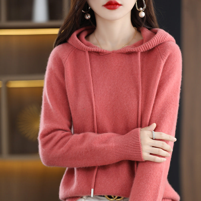 Camel Hooded Sweatshirt Pure Color Outer Hooded Knitted Hoodie Outer Wear Loose Drawstring Casual Pullover Sweater