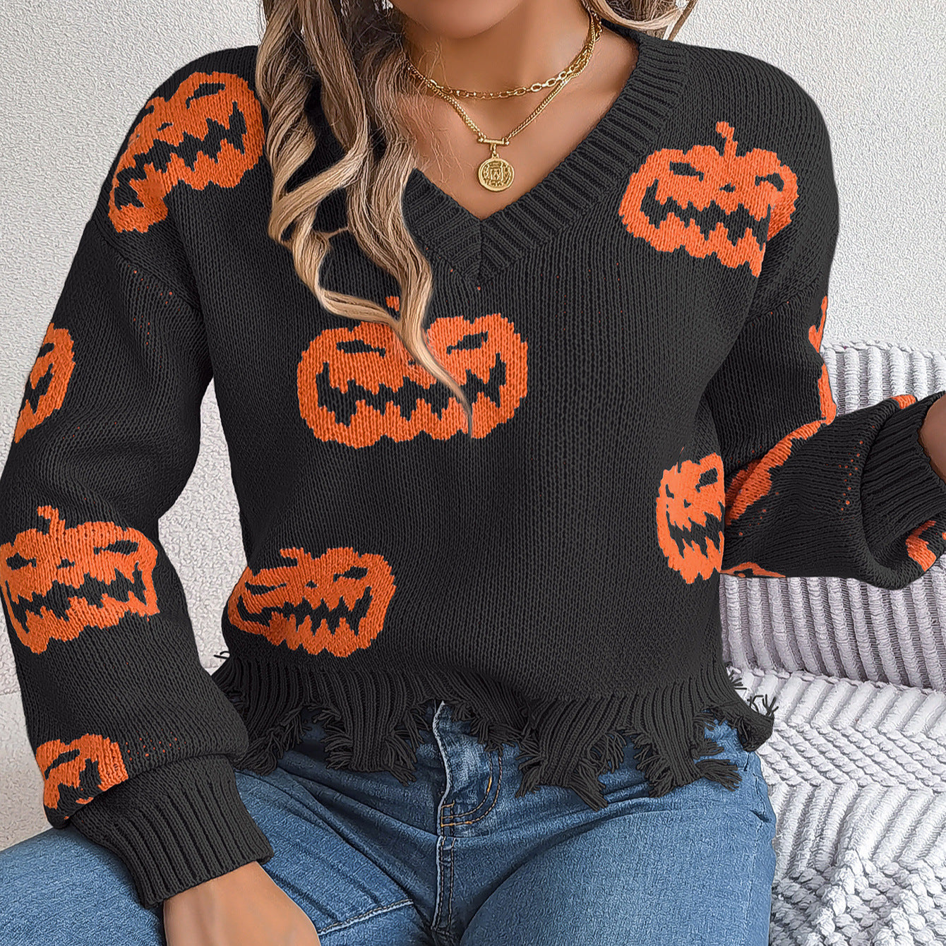 Real Shot of Autumn and Winter European and American Halloween Contrasting Pumpkin Cut Long-Sleeved Pullover Sweater Amazon Cross-Border Women's Clothing