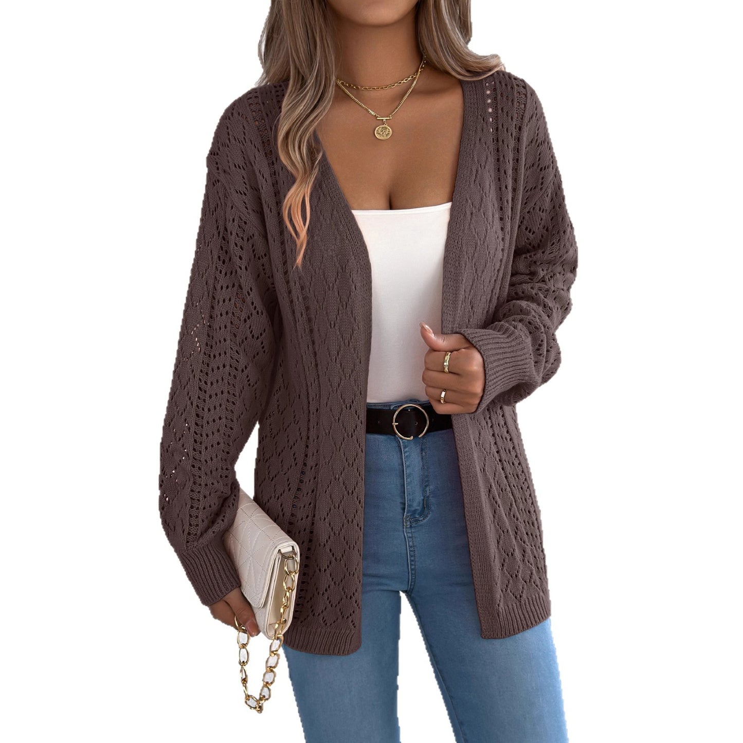 Real Shot of European and American Autumn and Winter Hollow-Out Lantern Long-Sleeve Cardigan Sweater Mid-Length Coat Amazon Cross-Border Women's Clothing