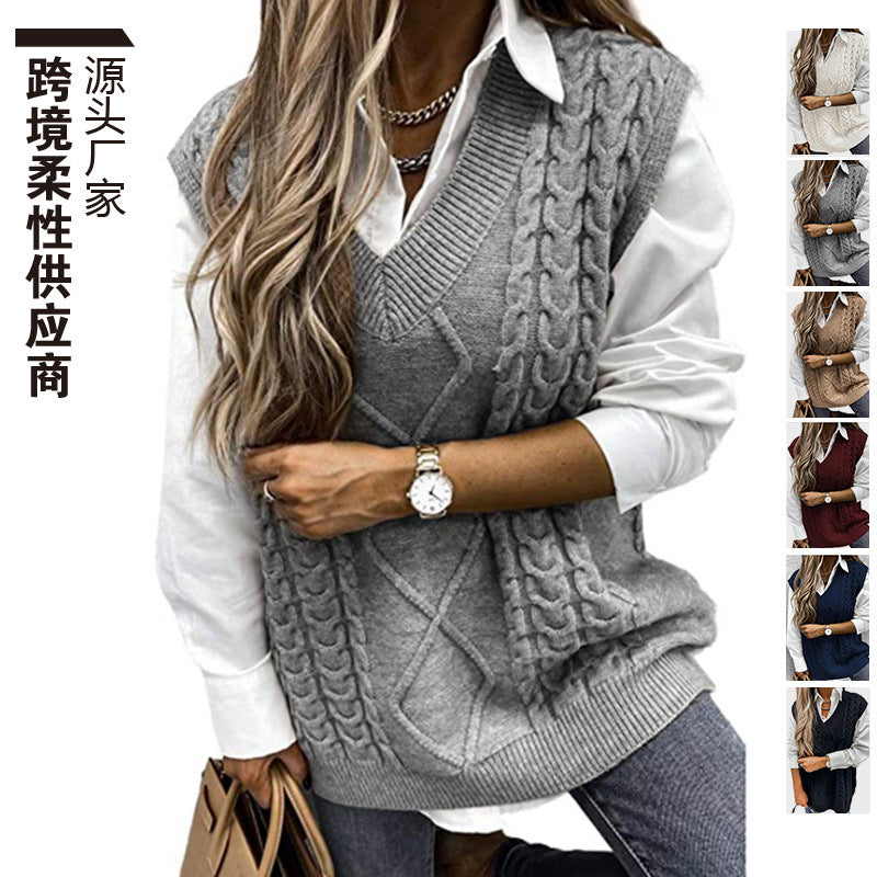 Foreign Trade Cross-border Europe and America Amazon Source Manufacturers Sweater Vest Women's Vest Clip V-neck Sleeveless Twist Sweater