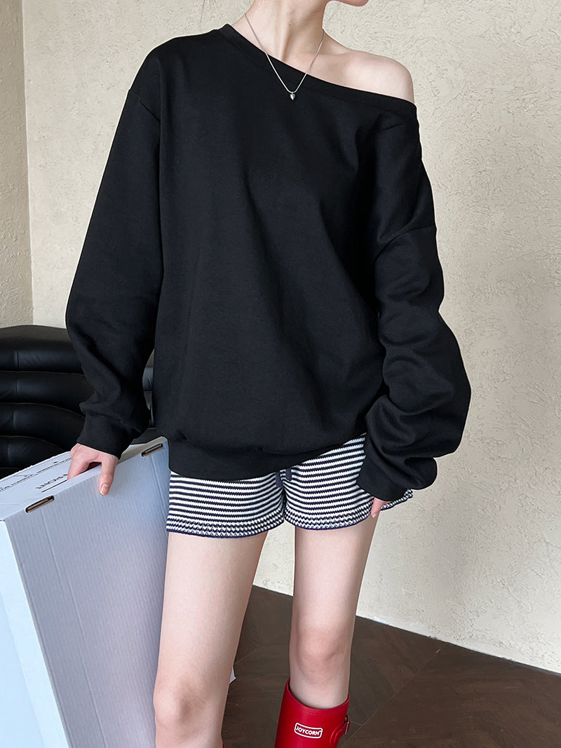 Luxi Relaxed Shoulder Sweatshirt Women's 2025 Autumn New Loose Lazy Style One-Neck Off-Shoulder Top 2809