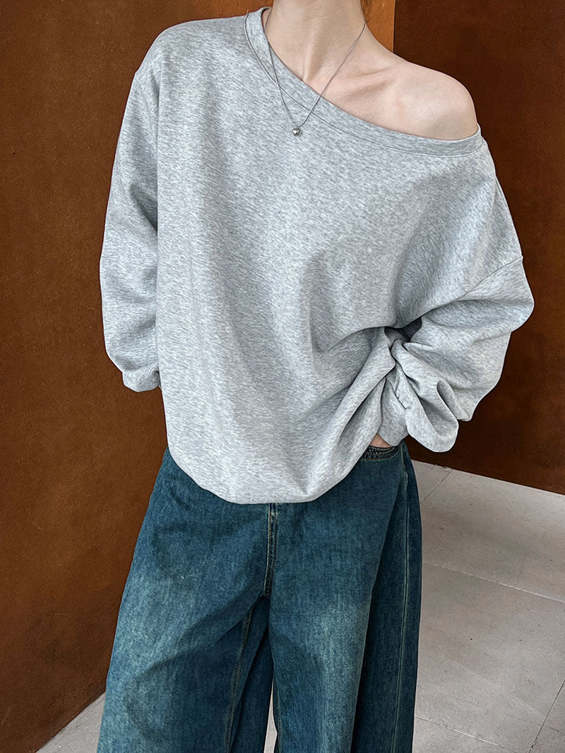 Luxi Relaxed Shoulder Sweatshirt Women's 2025 Autumn New Loose Lazy Style One-Neck Off-Shoulder Top 2809