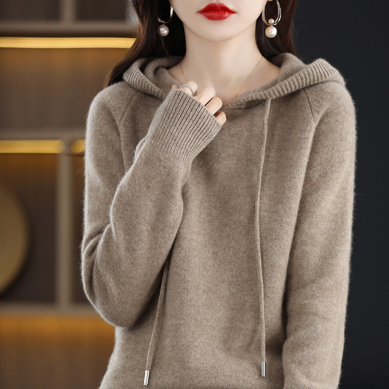Camel Hooded Sweatshirt Pure Color Outer Hooded Knitted Hoodie Outer Wear Loose Drawstring Casual Pullover Sweater