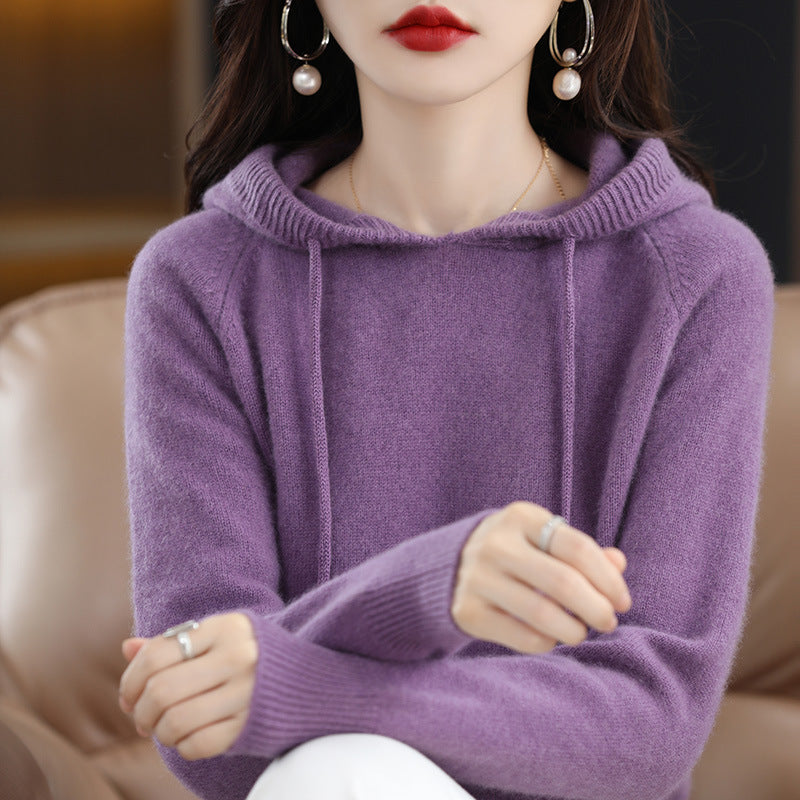Camel Hooded Sweatshirt Pure Color Outer Hooded Knitted Hoodie Outer Wear Loose Drawstring Casual Pullover Sweater