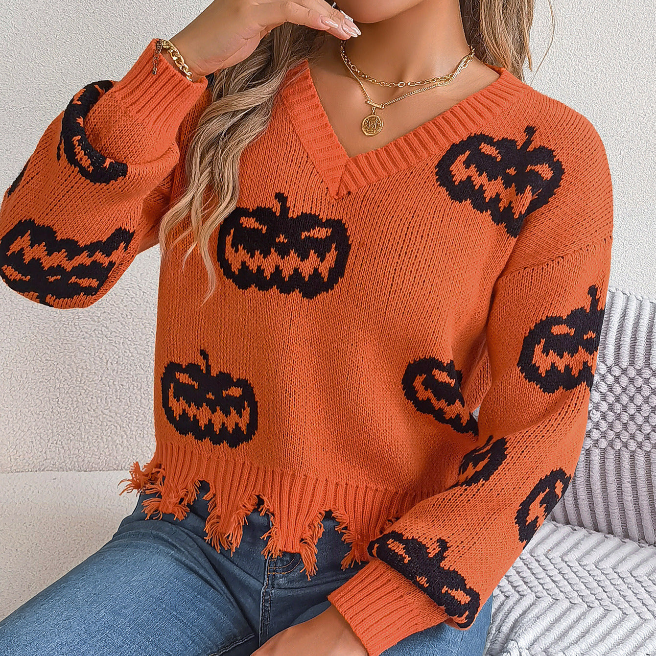 Real Shot of Autumn and Winter European and American Halloween Contrasting Pumpkin Cut Long-Sleeved Pullover Sweater Amazon Cross-Border Women's Clothing