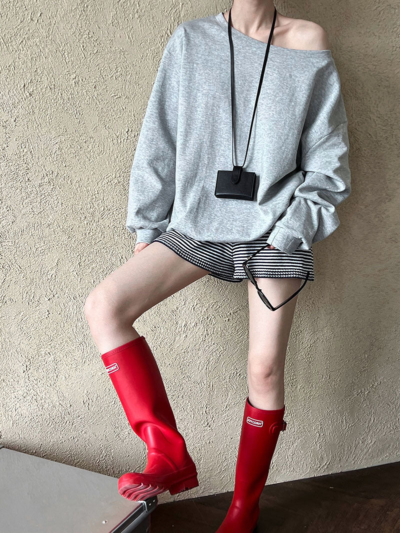 Luxi Relaxed Shoulder Sweatshirt Women's 2025 Autumn New Loose Lazy Style One-Neck Off-Shoulder Top 2809