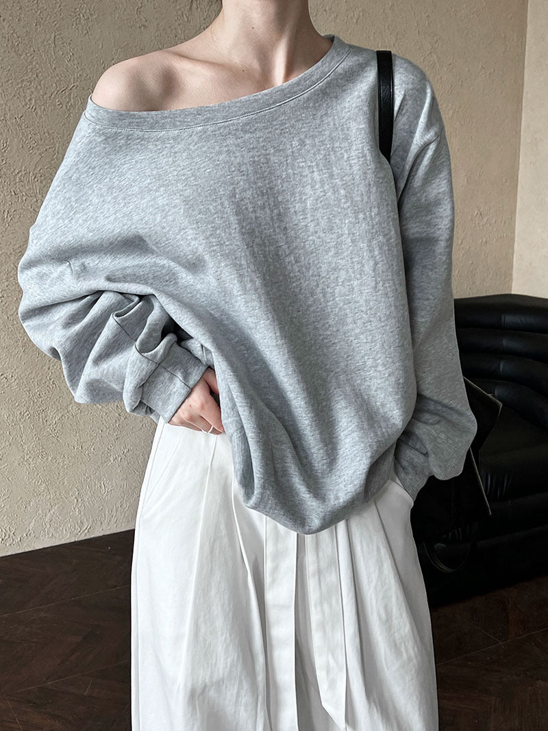 Luxi Relaxed Shoulder Sweatshirt Women's 2025 Autumn New Loose Lazy Style One-Neck Off-Shoulder Top 2809