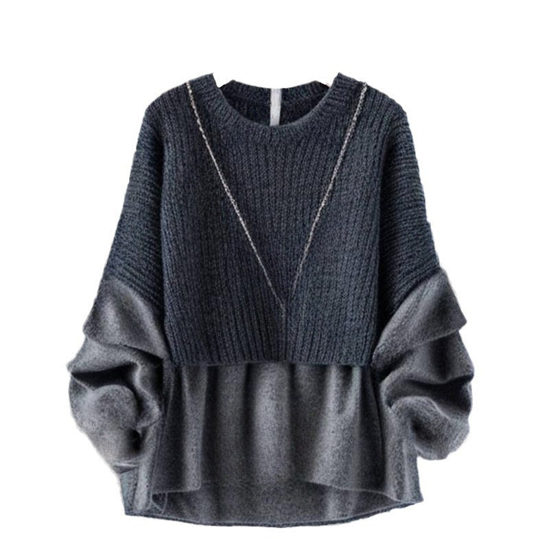 In-Stock Japanese Style 2026 Autumn and Winter New Round-Neck Knitwear Faux Two-Piece Knitted Top