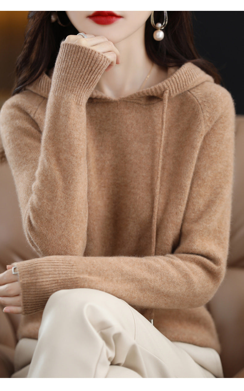 Camel Hooded Sweatshirt Pure Color Outer Hooded Knitted Hoodie Outer Wear Loose Drawstring Casual Pullover Sweater