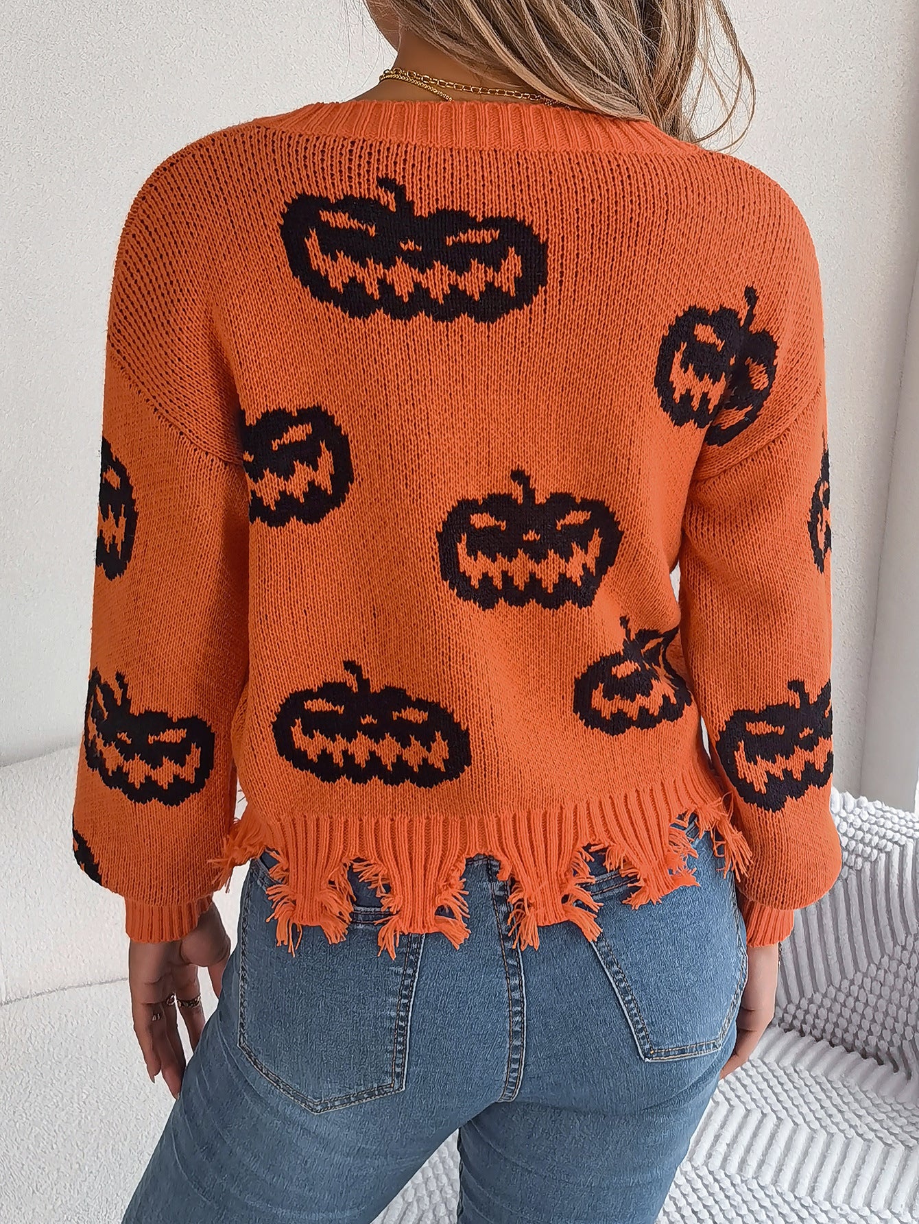 Real Shot of Autumn and Winter European and American Halloween Contrasting Pumpkin Cut Long-Sleeved Pullover Sweater Amazon Cross-Border Women's Clothing