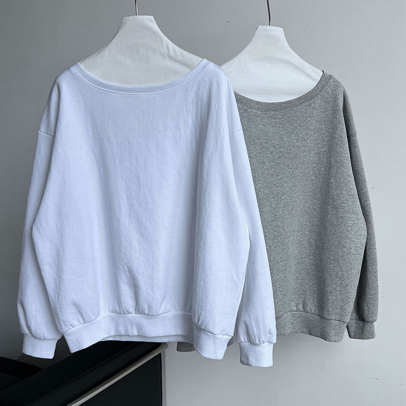 Luxi Relaxed Shoulder Sweatshirt Women's 2025 Autumn New Loose Lazy Style One-Neck Off-Shoulder Top 2809