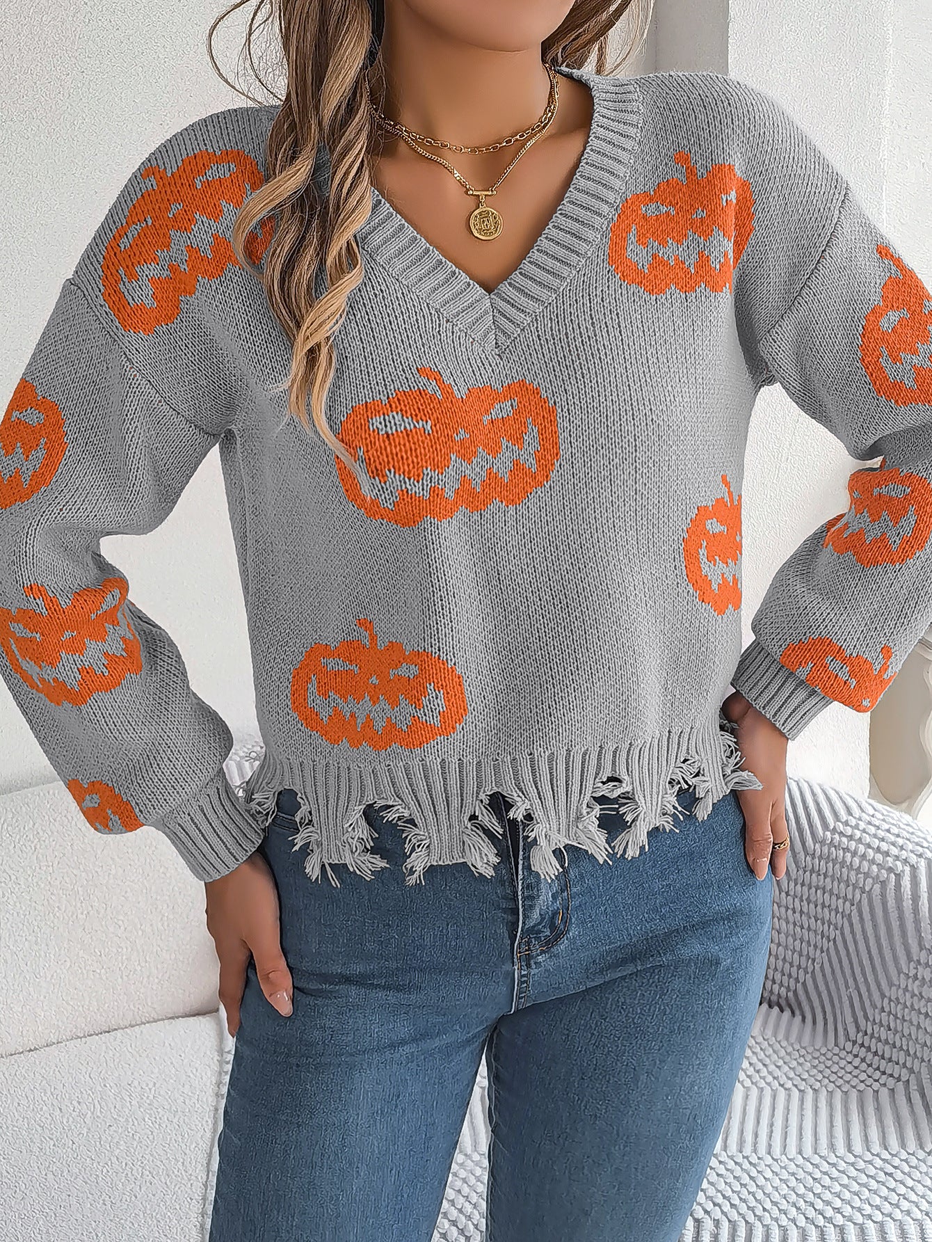 Real Shot of Autumn and Winter European and American Halloween Contrasting Pumpkin Cut Long-Sleeved Pullover Sweater Amazon Cross-Border Women's Clothing