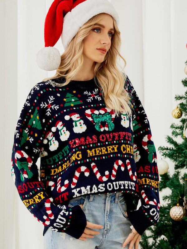 Foreign Trade Amazon European and American Loose Knitwears Autumn and Winter Christmas Tree Round Neck Knitwears Little Snowman Sequined Christmas Knitwears