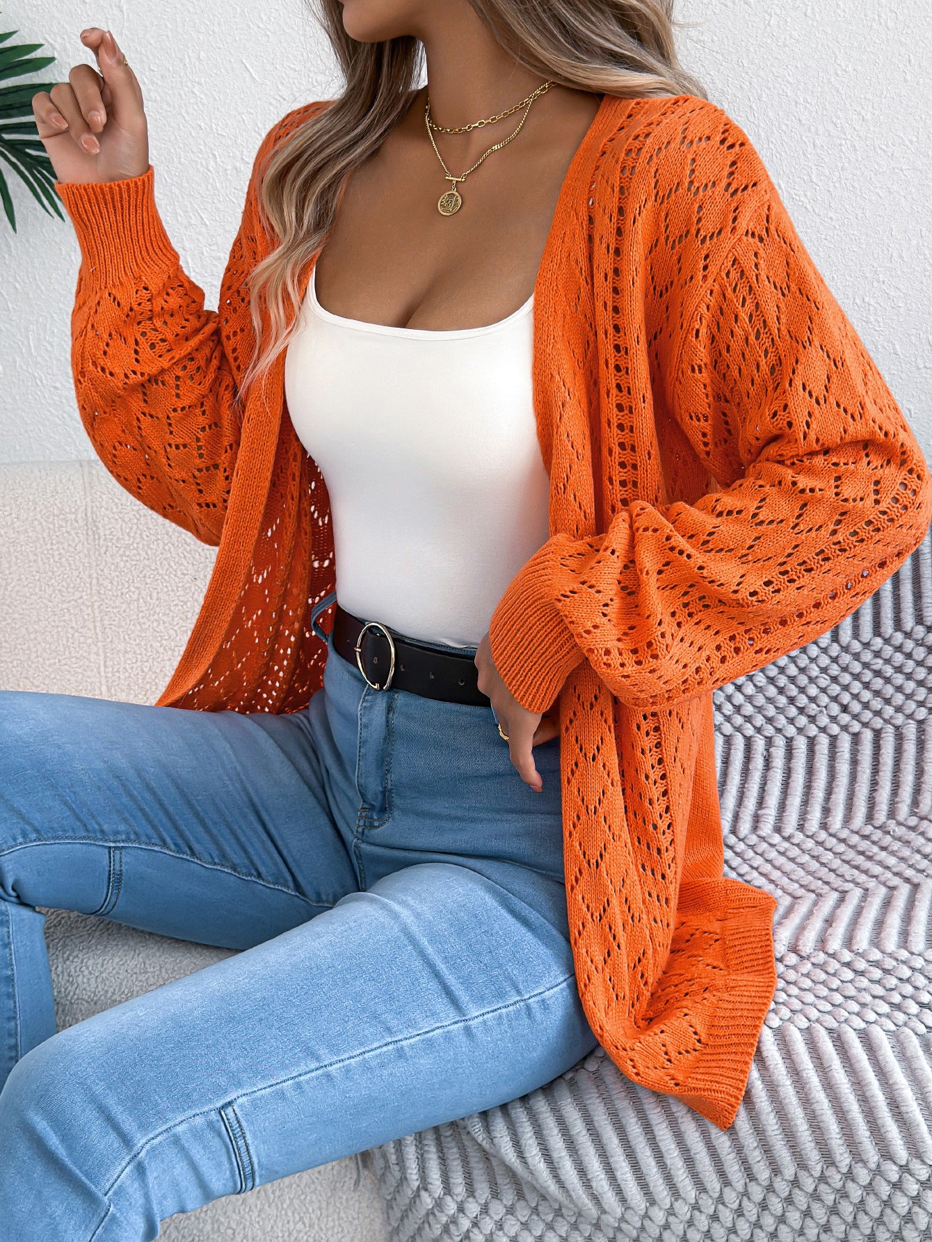 Real Shot of European and American Autumn and Winter Hollow-Out Lantern Long-Sleeve Cardigan Sweater Mid-Length Coat Amazon Cross-Border Women's Clothing