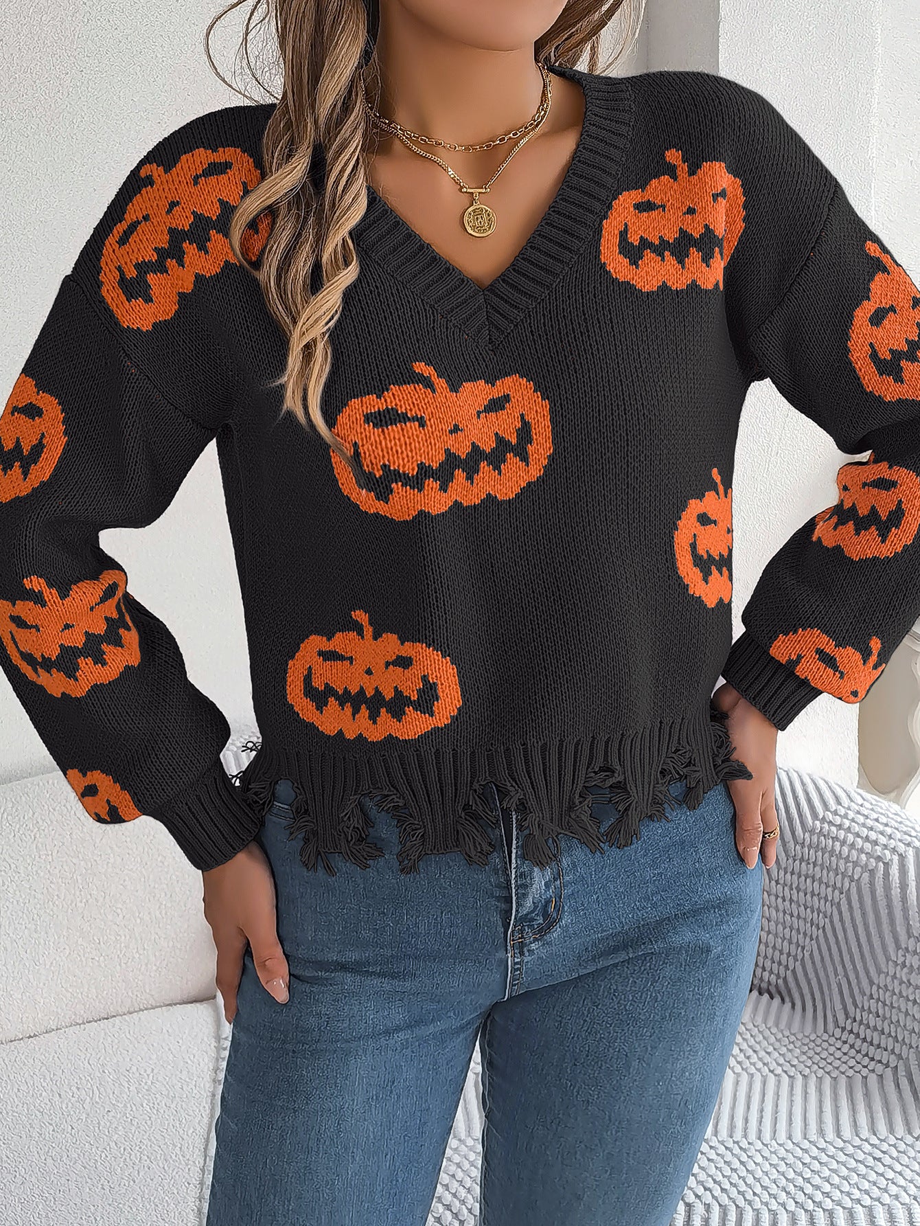 Real Shot of Autumn and Winter European and American Halloween Contrasting Pumpkin Cut Long-Sleeved Pullover Sweater Amazon Cross-Border Women's Clothing