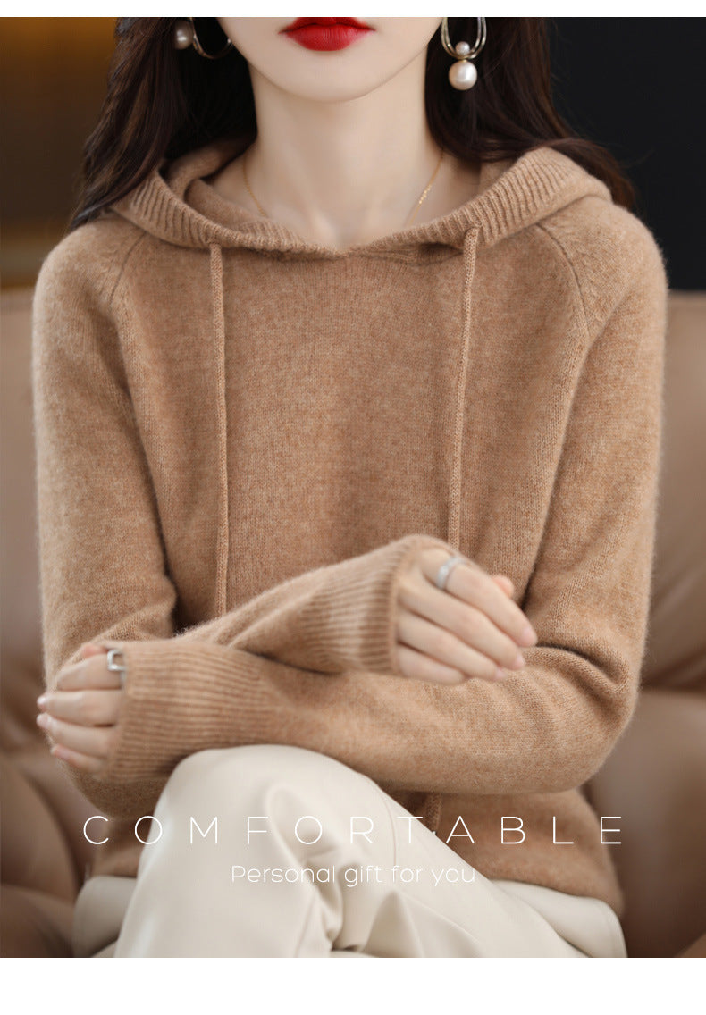 Camel Hooded Sweatshirt Pure Color Outer Hooded Knitted Hoodie Outer Wear Loose Drawstring Casual Pullover Sweater