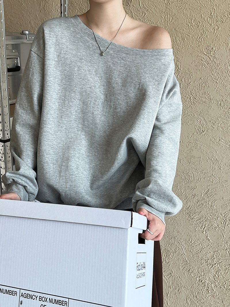 Luxi Relaxed Shoulder Sweatshirt Women's 2025 Autumn New Loose Lazy Style One-Neck Off-Shoulder Top 2809