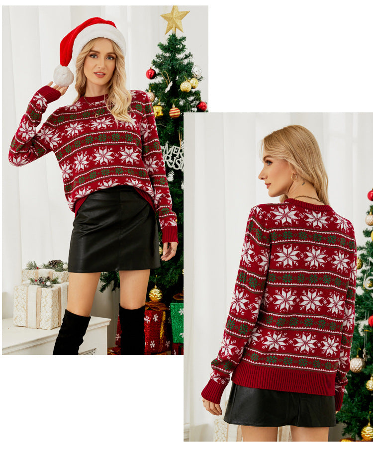 2023 Amazon European and American Round Neck Christmas Red Knitwear Christmas Outfit Long-Sleeved Snowflake Christmas Knitwear