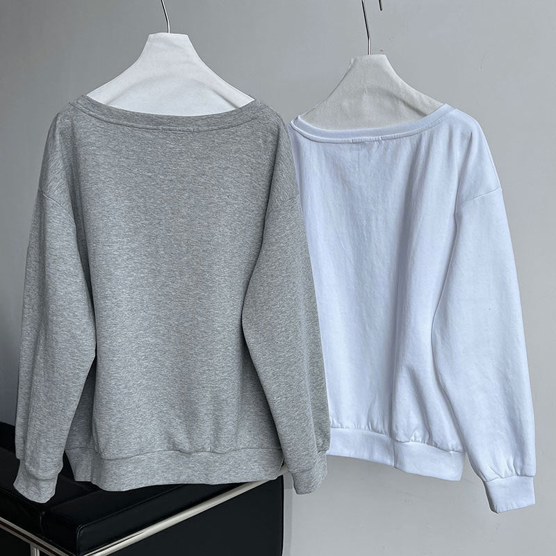 Luxi Relaxed Shoulder Sweatshirt Women's 2025 Autumn New Loose Lazy Style One-Neck Off-Shoulder Top 2809