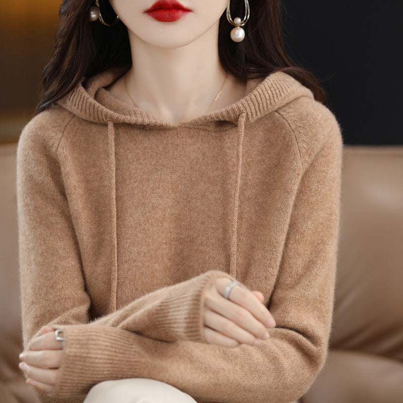 Camel Hooded Sweatshirt Pure Color Outer Hooded Knitted Hoodie Outer Wear Loose Drawstring Casual Pullover Sweater