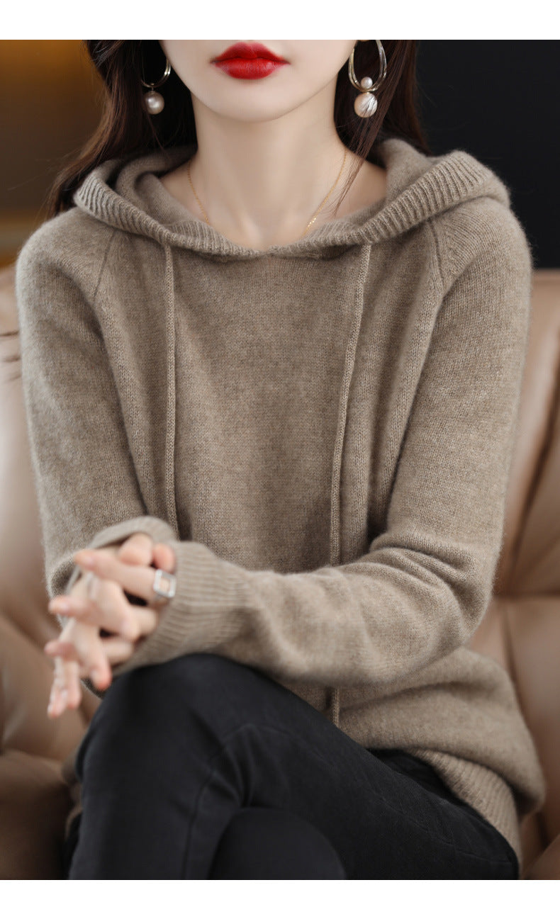 Camel Hooded Sweatshirt Pure Color Outer Hooded Knitted Hoodie Outer Wear Loose Drawstring Casual Pullover Sweater