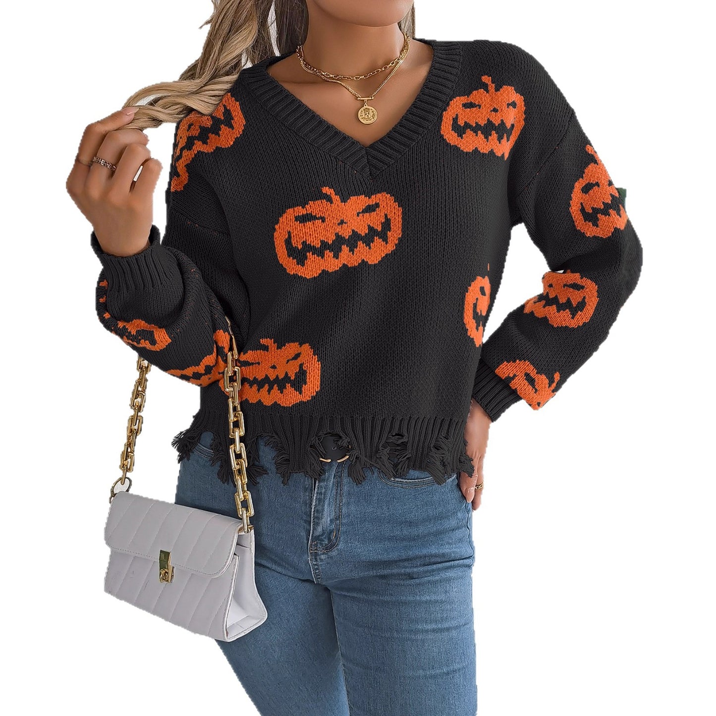 Real Shot of Autumn and Winter European and American Halloween Contrasting Pumpkin Cut Long-Sleeved Pullover Sweater Amazon Cross-Border Women's Clothing