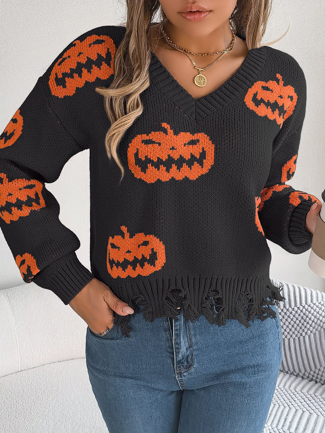 Real Shot of Autumn and Winter European and American Halloween Contrasting Pumpkin Cut Long-Sleeved Pullover Sweater Amazon Cross-Border Women's Clothing