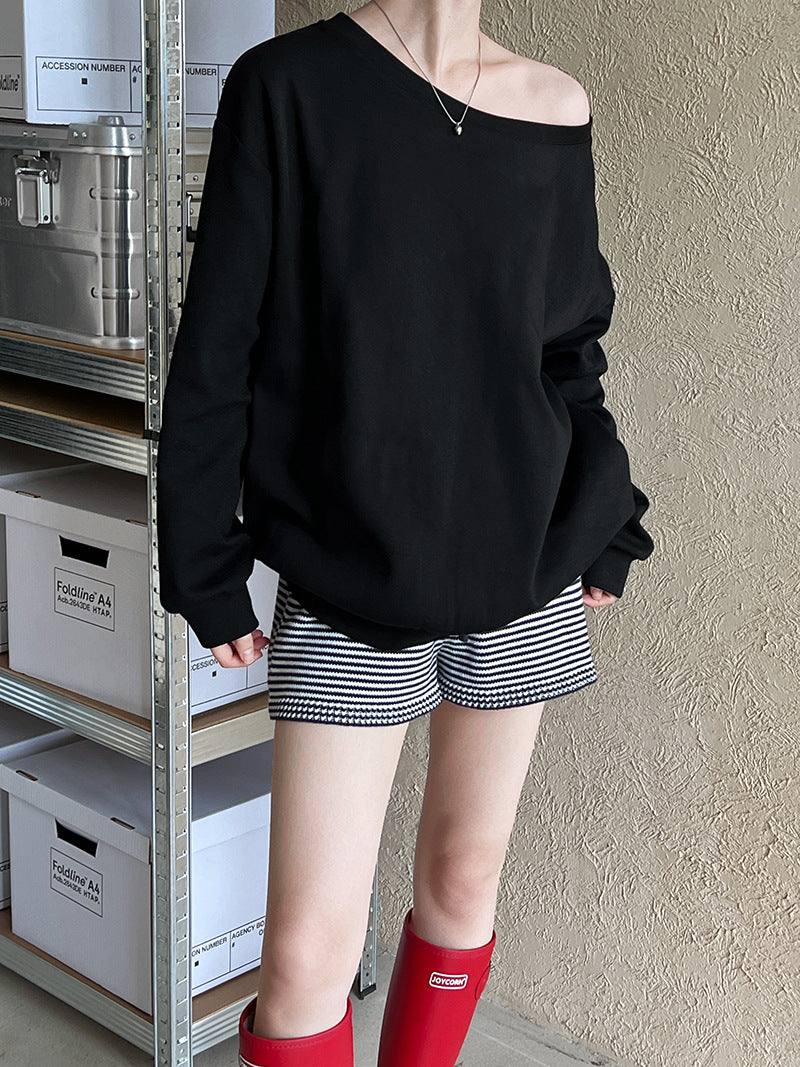 Luxi Relaxed Shoulder Sweatshirt Women's 2025 Autumn New Loose Lazy Style One-Neck Off-Shoulder Top 2809