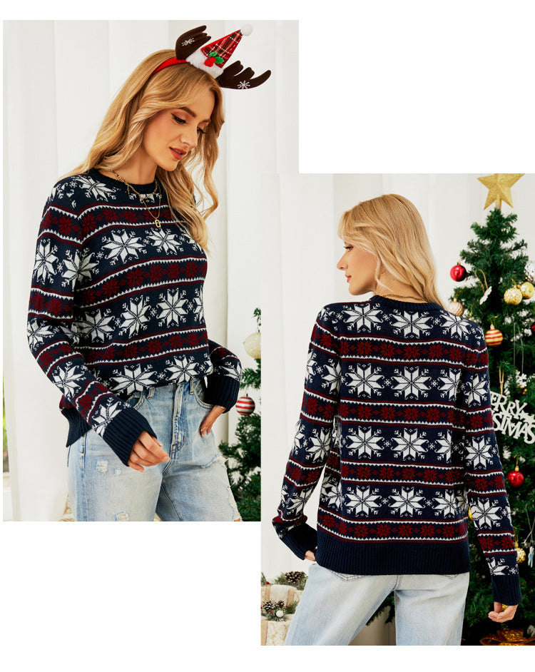 2023 Amazon European and American Round Neck Christmas Red Knitwear Christmas Outfit Long-Sleeved Snowflake Christmas Knitwear